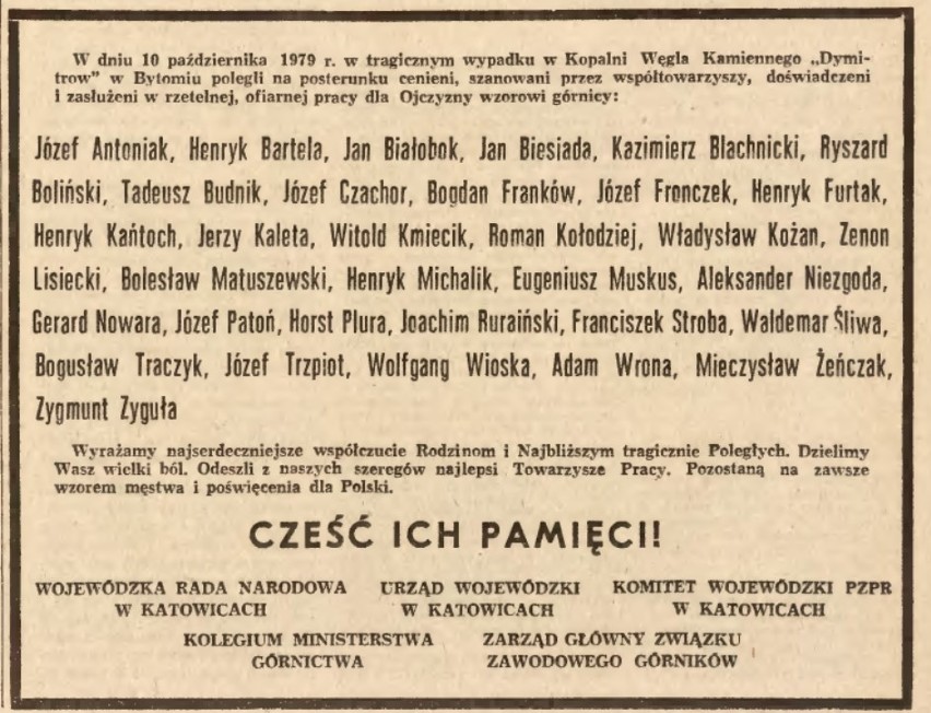 Katastrofa w kopalni na Dymitrow w Bytomiu. 40 lat temu zginęło tam 33 górników