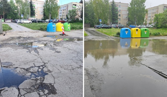 Kraków, ul. Wysłouchów. Po lewej rok 2022, a po prawej rok 2023. Zniszczona droga została naprawiona tak, że teraz zamieniła się w jezioro.