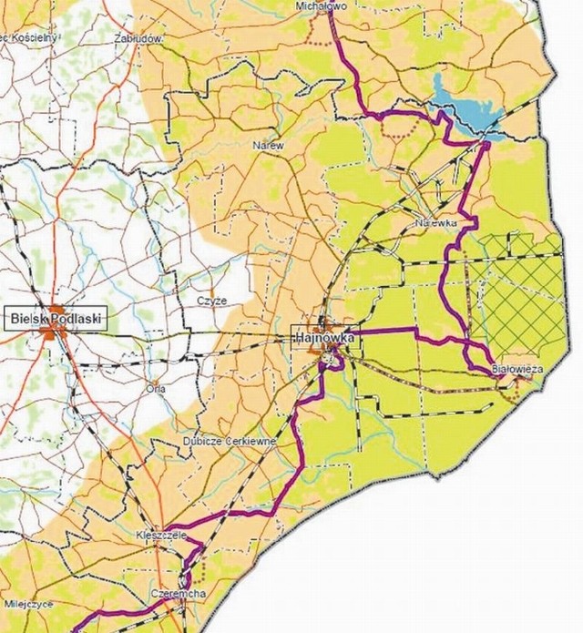 Fioletowa linia oznacza zaakceptowany przebieg trasy rowerowej powstającej w ramach programu Rozwój Polski Wschodniej.