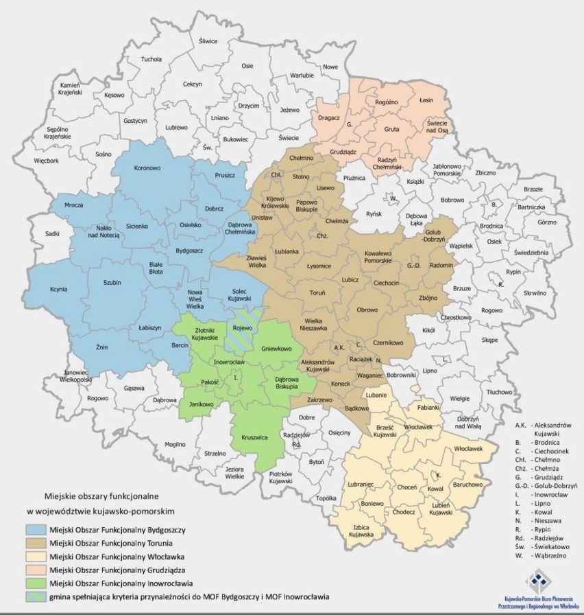 Mapa pokazująca Miejskie Obszary Funkcjonalne - Bydgoszczy,...