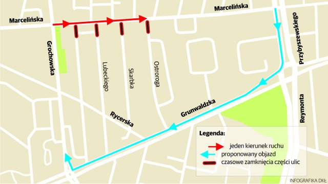 Remont ulicy Marcelińskiej - mapa objazdów