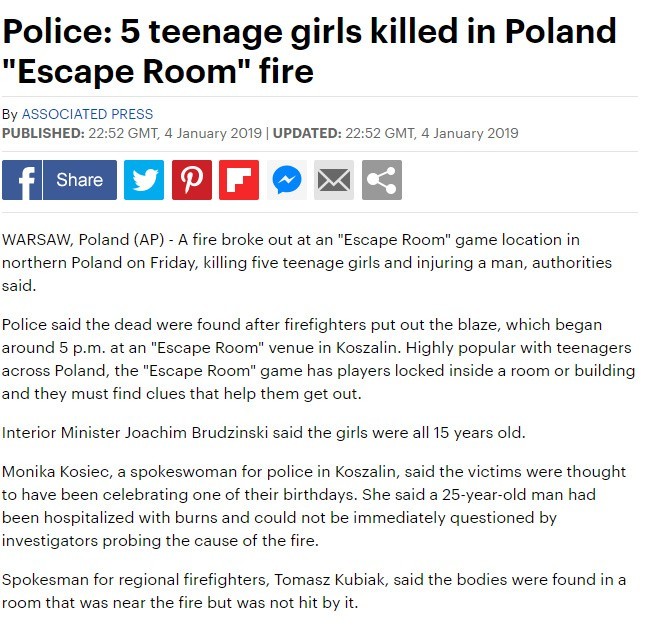 Tragiczny pożar w escape roomie w Koszalinie [4.01.2019] O tragedii w Koszalinie piszą media na całym świecie