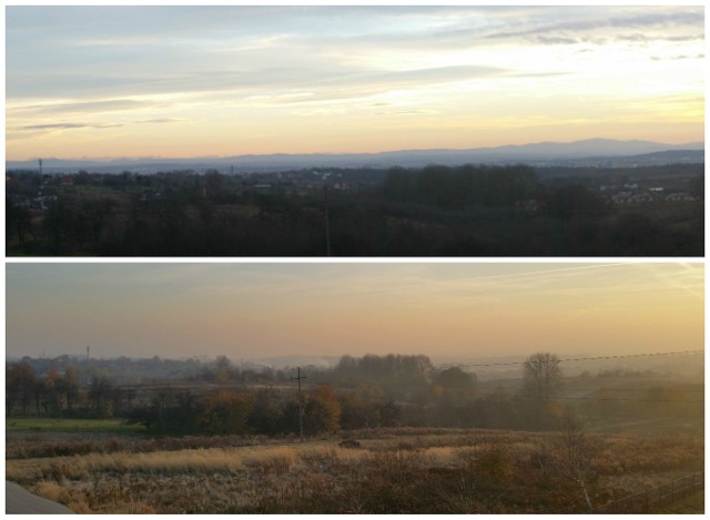 Internauta pokazuje, jaka jest różnica gdy w Krakowie jest i nie ma smogu. Oba zdjęcia wykonane były przy dobrej pogodzie.