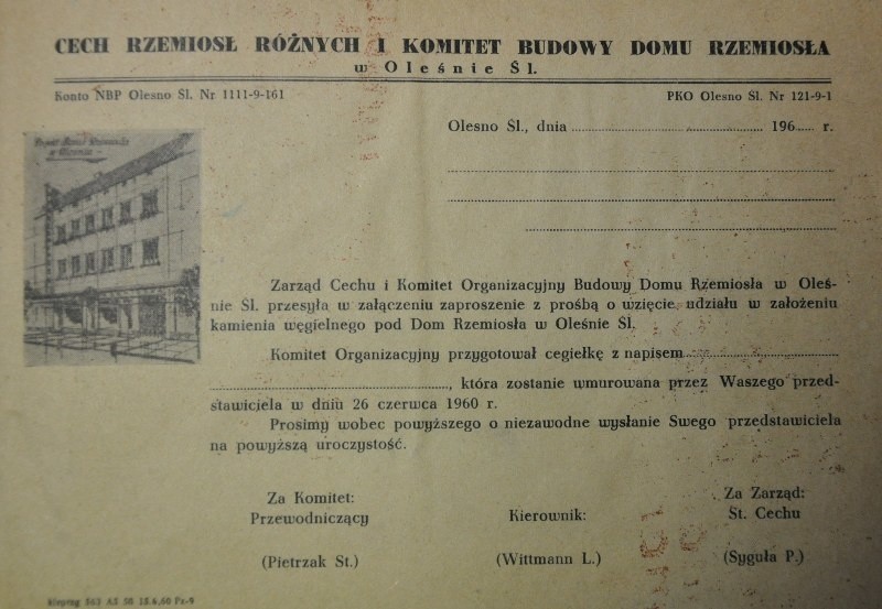 Cegiełka na budowę Domu Rzemiosła w Oleśnie.