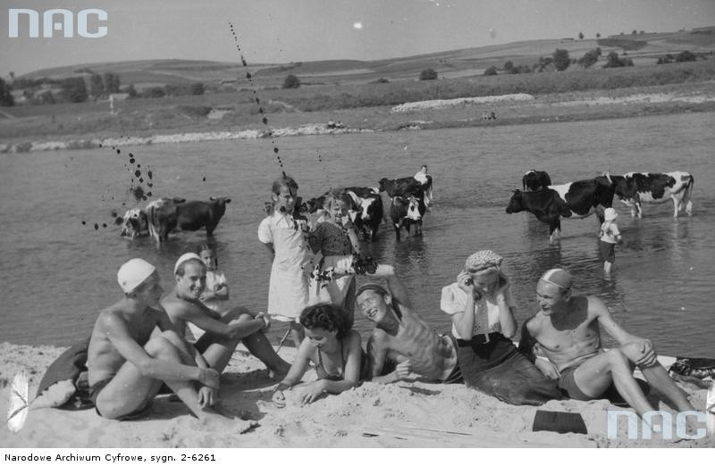 Młodzi ludzie na plaży nad Wisłą. W tle widoczne stojące w...