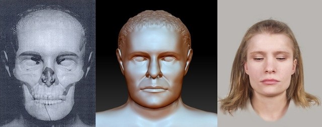 Kolejne etapy odtwarzania twarzy kobiety, której szczątki znaleziono pół roku temu w lesie koło parkingu w Kotlarni.