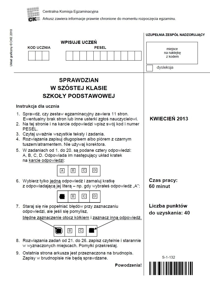 Sprawdzian szóstoklasisty - arkusze, klucze