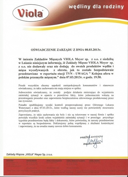 Oświadczenie zarządu Zakładów Mięsnych "Viola" z Lniana