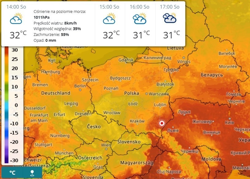 Tak będzie w sobotę o godz. 14 - upały tylko na południowym...