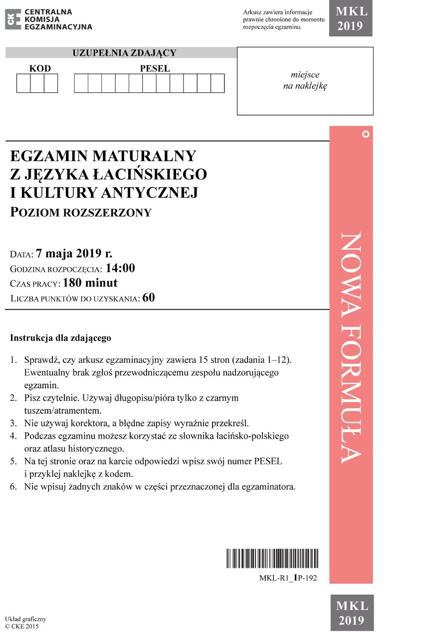Matura 2019. Język łaciński i kultura antyczna - arkusz zadań CKE