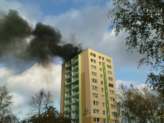 Płonie dach w wieżowcu przy ulicy Boryny w Szczecinie.