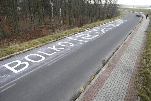 Protestujący przeciwko budowie drogi przez Bolko w ubiegłym roku wymalowali na trasie objazdu ogromny napis. Drogowcy twierdzili, że to wandalizm, ale napisu nie usunęli. Sam zniknął.