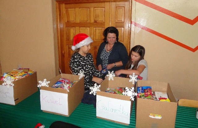 Zuzanna Walczyk i Martyna Orłowska z Lidią Tokarską, opiekunką koła misyjno-charytatywnego zbierały  produkty.
