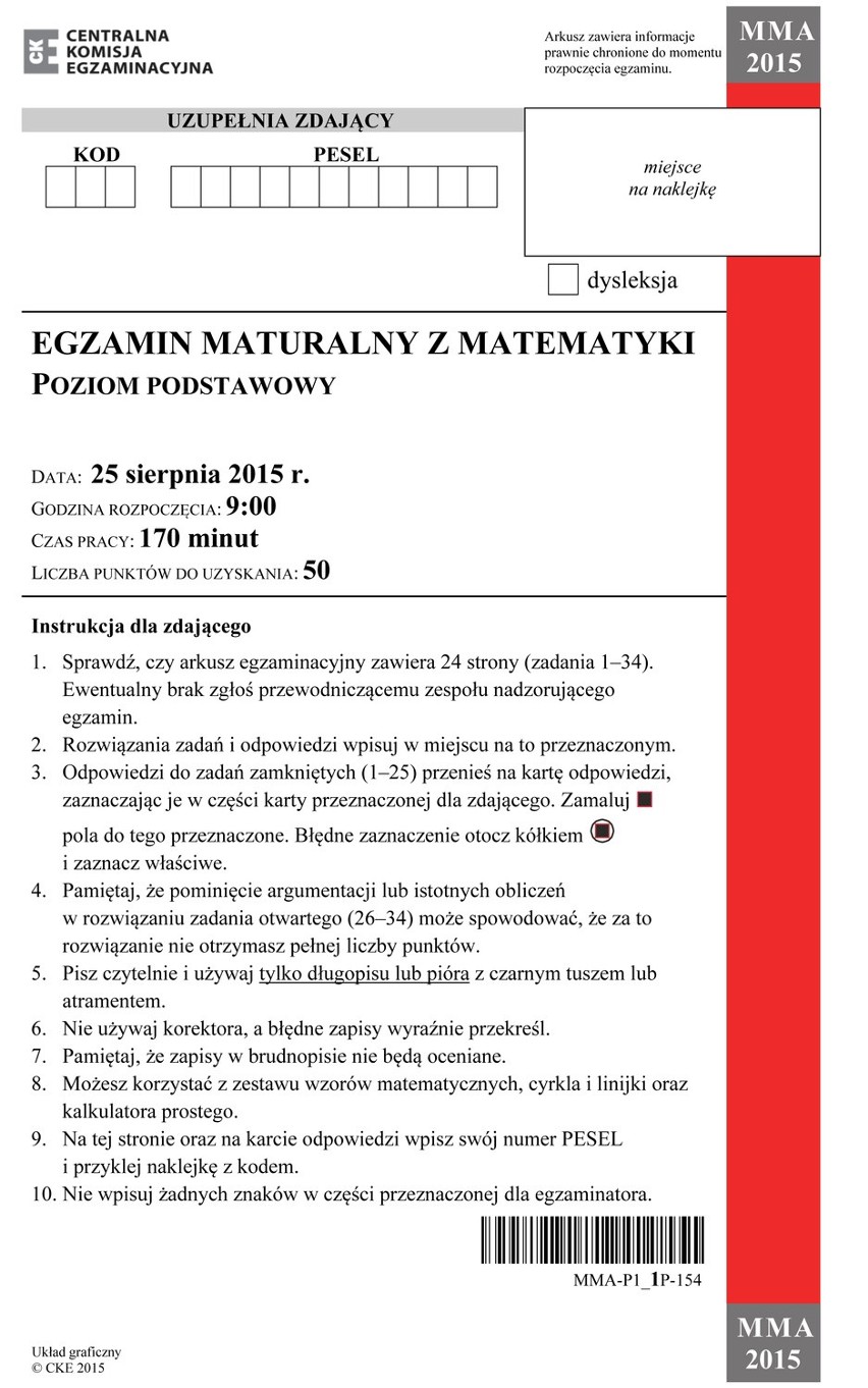 Matura poprawkowa 2015. Matematyka - LICEUM [ARKUSZE, PYTANIA]