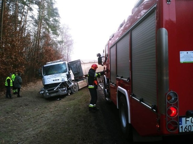 Do wypadku doszło w piątek, 15 lutego, na drodze koło Zdroiska pod Gorzowem. Zderzyły się dwie ciężarówki.Do wypadku doszło około godz. 7.30. Kierowca ciężarowego mana jechał w kierunku Gorzowa. zaczął wyprzedzać ciężarowe volvo. Nie zauważył jednak, że przed volvo jedzie druga ciężarówka do przewozu drzewa z dźwigiem. Ta ciężarówka zaczęła skręcać i wtedy man z dużą siłą uderzył w jej tył.POLECAMY: Lubuskie.  Szaleniec uciekał ulicami miasta. Uderzał w radiowóz, prawie przejechał policjanta.Po zderzeniu man wypadł z drogi. Na poboczu zatrzymała się ciężarówka do przewozu drzewa.Na miejsce wypadku przyjechały wozy straży pożarnej, gorzowska policja oraz karetka pogotowia ratunkowego. Kierowca mana, sprawca wypadku, został zabrany do karetki pogotowia ratunkowego. Kabina jego ciężarówki została mocno rozbita.Aktualizacja. Godz. 9.00: Droga jest już przejezdna. Chociaż to zdarzenie wyglądało poważnie, była to kolizja drogowa.