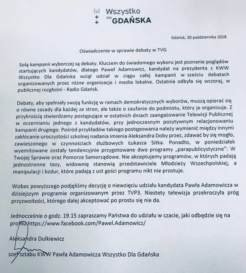 Płażyński krytykuje Adamowicza: Pan prezydent z nieznanych mi powodów, odmówił udziału w debacie organizowanej przez "Dziennik Bałtycki"
