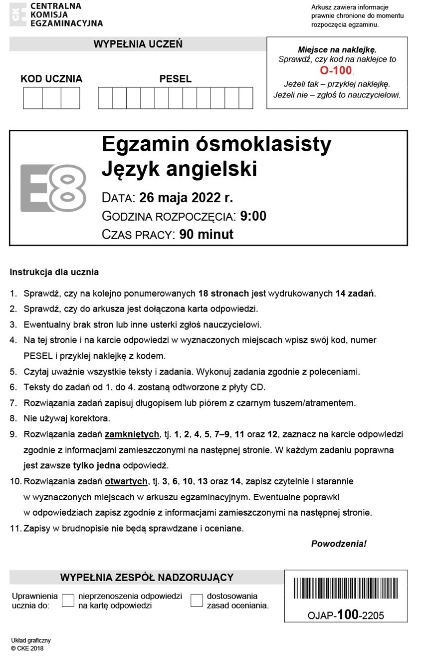 Egzamin ósmoklasisty 2022: Język angielski. Publikujemy arkusz CKE i odpowiedzi. Zadania na egzaminie ósmoklasisty 26.05.22