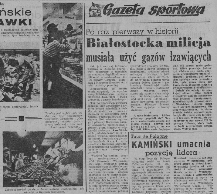 Opis "zadymy" z 'Gazety Białostockiej" z 27.08.1957 roku