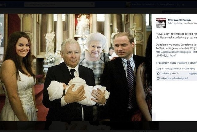 Fotomontaż Jarosława Kaczyńskiego z Royal Baby, parą książęcą i królową Elżbietą. (fot. Screec z Facebook.com)