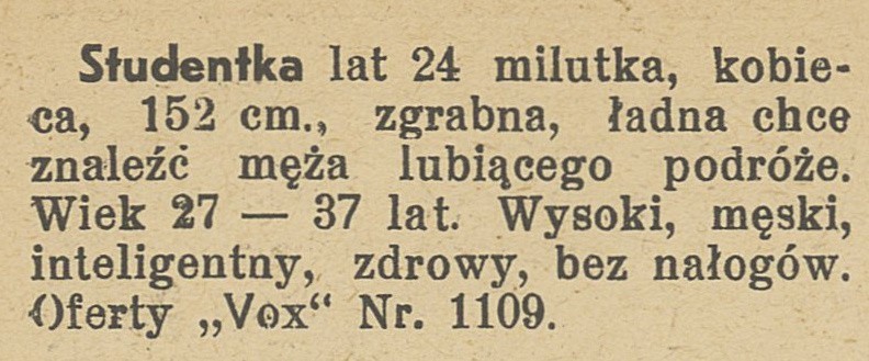 Ogłoszenia matrymonialne z lat 30. "Szukam królewicza z bajki". Ogłoszenia pań