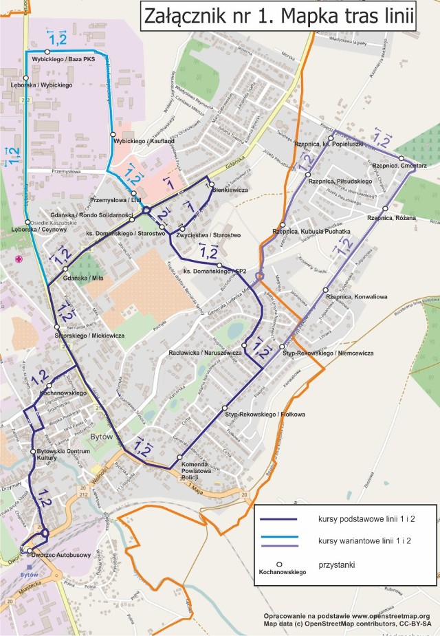 Plan przebiegu komunikacji miejskiej w Bytowie.