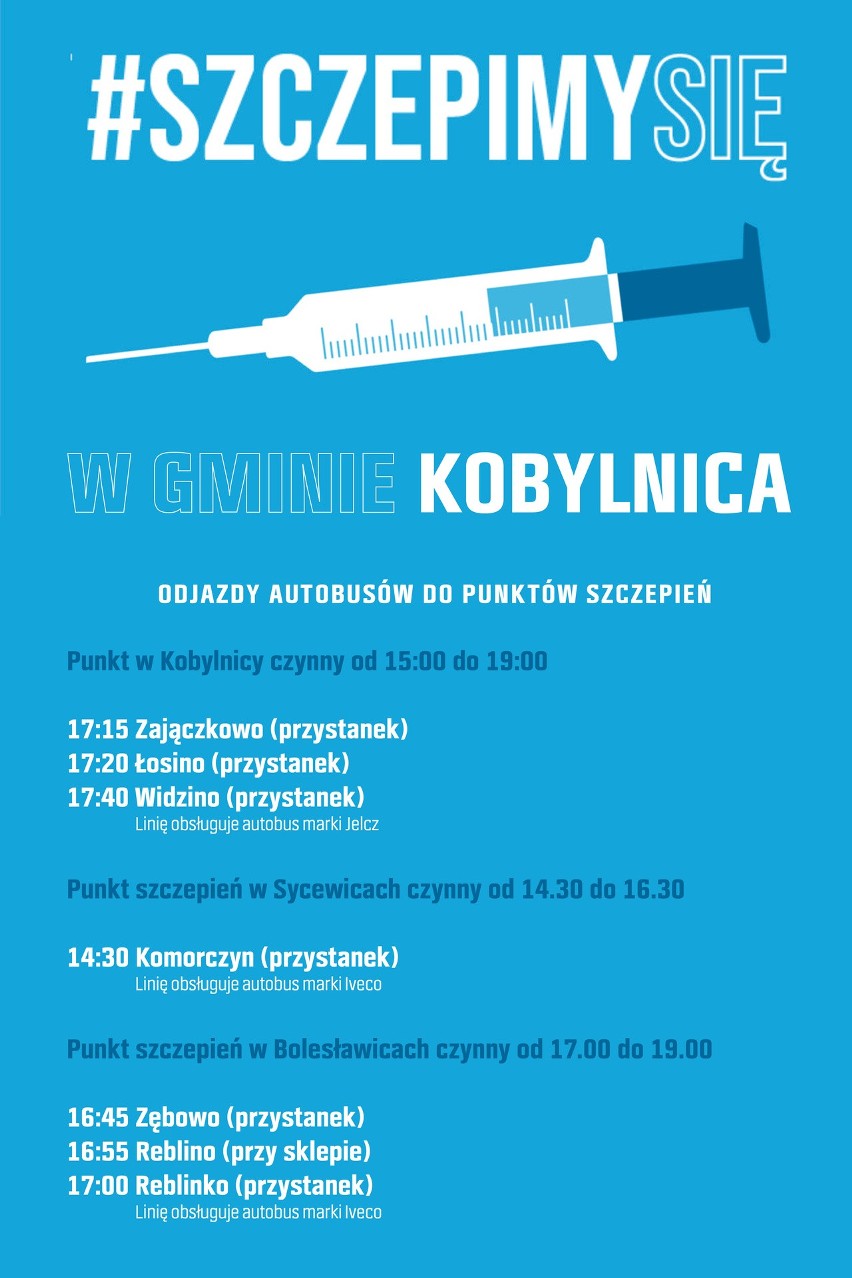 W środę 9 czerwca - powszechna akcja szczepień w gminie Kobylnica. Czynne będą trzy punkty!
