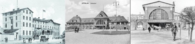 Pierwszy dworzec w Koszalinie (z lewej), wybudowany w 1859 roku. (środek) Piękny i stylowy drugi koszaliński dworzec. Został zbombardowany w 1945 roku.  Rok 1947. Tak wyglądał koszaliński dworzec (z prawej) zanim rozpoczęto budowę obecnego budynku. 