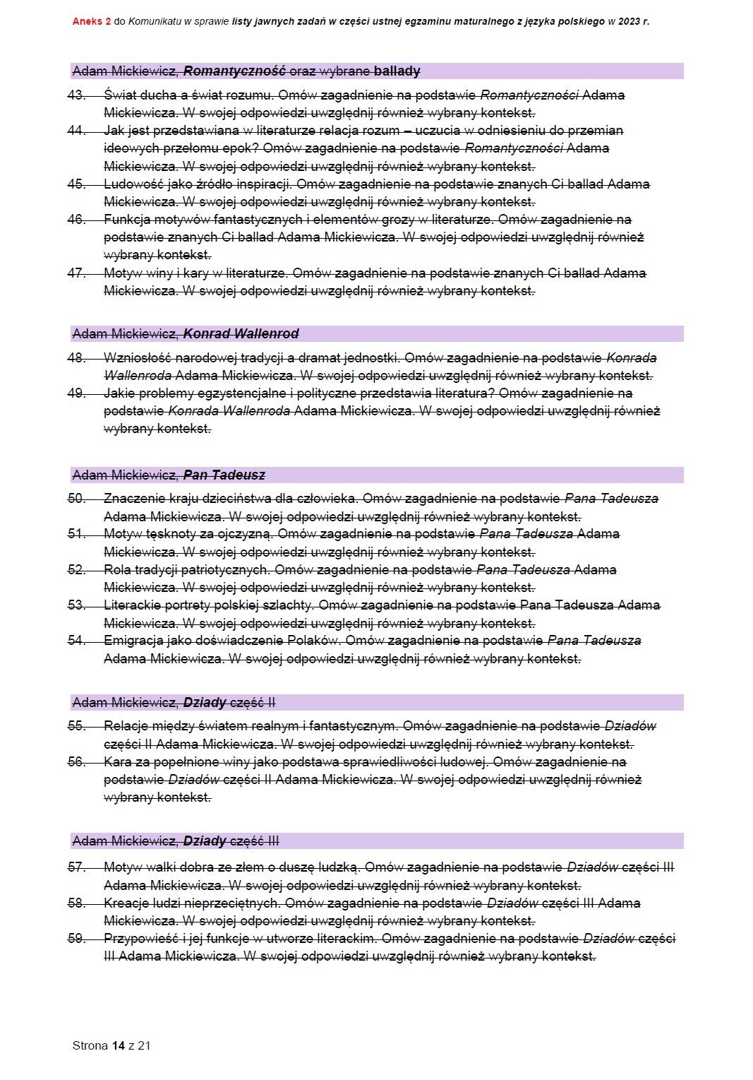 Pytania jawne na maturę ustną z polskiego 2023. Wszystkie pytania od
