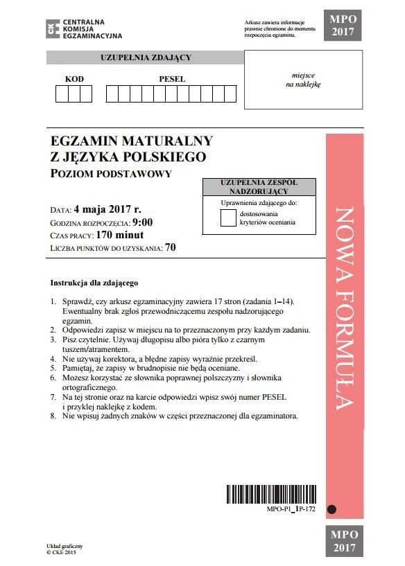 MATURA 2017 POLSKI ARKUSZE CKE. Arkusze egzaminacyjne CKE MATURA 2017 POLSKI