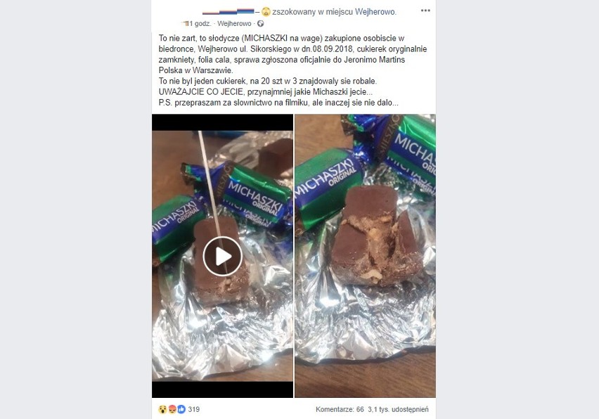 Robaki w popularnych czekoladowych cukierkach na wagę w dużej sieci sklepów znalezione w Wejherowie. Białe robaczki w słodyczach [ZDJĘCIA] 