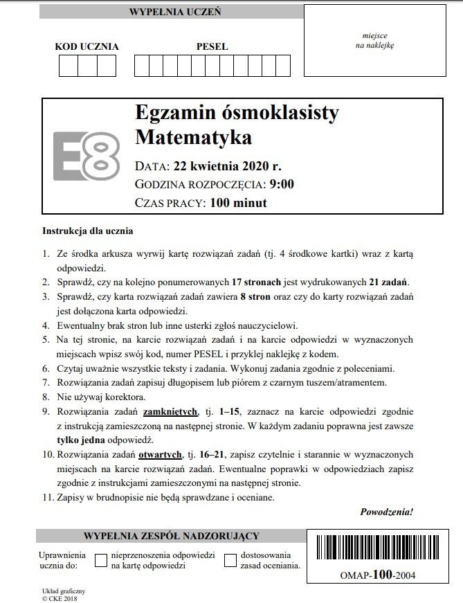 Arkusz Egzaminacyjny Nr 3 Matematyka Odpowiedzi Egzamin ósmoklasisty 2020 - matematyka - mamy ARKUSZ CKE - zadania
