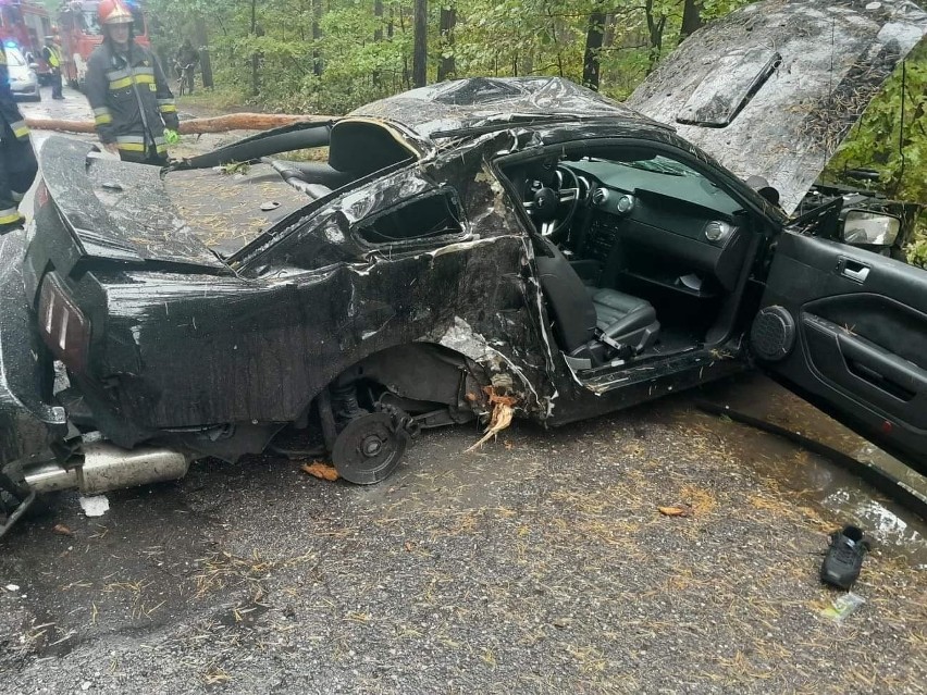 Wypadek między Michałowem a Marcinkowem. Zderzyły się ford mustang i nissan micra. Z kultowego "mustanga" kupa złomu! [ZDJĘCIA]