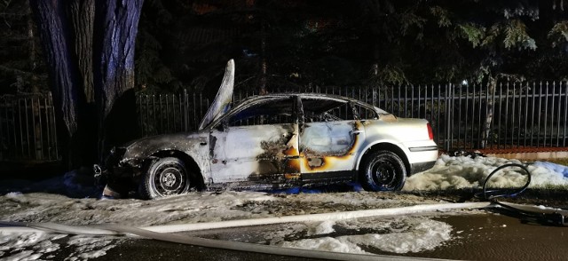 Samochód po uderzeniu w drzewo stanął w płomieniach. Pożar ugasili strażacy