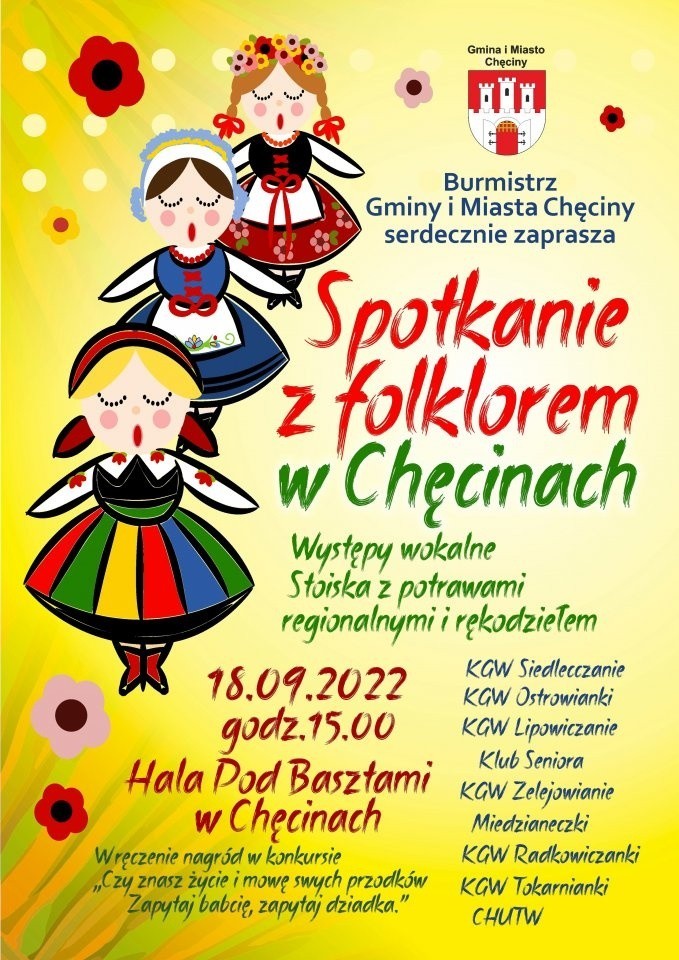 Niedzielne "Spotkanie z folklorem w Chęcinach". W programie: występy wokalne, stoiska z regionalnymi potrawami i rękodziełem