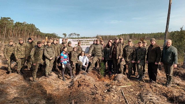 Uczestnicy sadzenia lasu nad Jeziorem Jezuickim, w większości żołnierze  8. Kujawsko-Pomorskiej Brygady Obrony Terytorialnej.