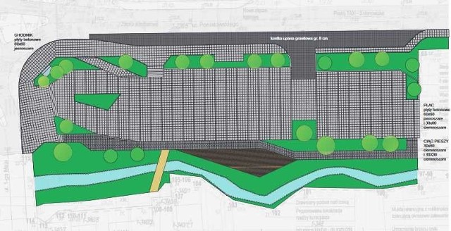 Rzut z góry i wizualizacja nowego placu miejskiego w Nałęczowie. Projekt zakłada ułożenie nowej kostki brukowej, nasadzenia zieleni, zatokę autobusową, kładkę i postój taksówek