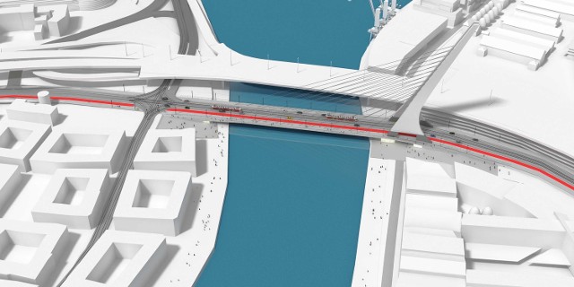 W tym przypadku podpora będzie mogła mieć około 100 metrów wysokości. Długość przeprawy  wyniesie 150 metrów. Oprócz pasów ruchu dal pojazdów, torowiska tramwajowego, będzie tu dwukierunkowa droga dla rowerzystów oraz szeroki chodnik.