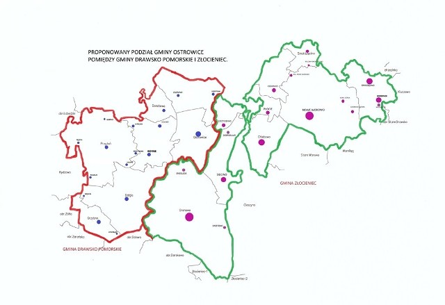 Mapka z proponowanym podziałem gminy Ostrowice. Częśc wschodnia trafiłaby do Złocieńca, zachodnia - do Drawskaźródło ilustracji: UM Drawsko