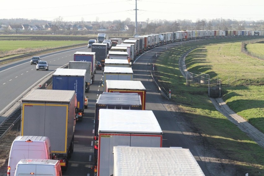 17 pojazdów protestujących oraz służb stoi na pasie...