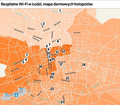 1. Arturówek2. park Mickiewicza3. park Piłsudskiego4. zoo5. Ogród Botaniczny6. Stary Rynek7. park Staromiejski8. park Ocalałych9. pl. Wolności10. ul. Piotrkowska11. pl. Dąbrowskiego12. park Matejki13. pasaż Rubinsteina14. pasaż Schillera15. park Sienkiewicza16. park Poniatowskiego17. park Źródliska18.  Widzewska Górka19. park Reymonta20. pl. Niepodległości21. park Podolski22. skwer Dubaniewicza23.  Stawy Jana