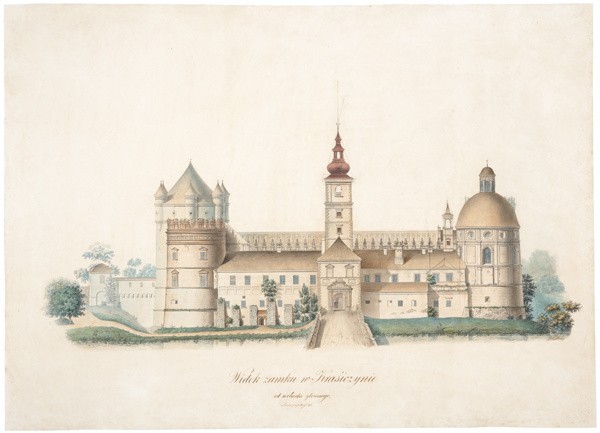 Widok zamku w Krasiczynie – skrzydło zachodnie z bramą wjazdową, A.Röll, 1837
