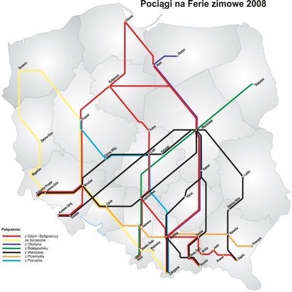 Terminy kursowania dodatkowych pociągów są dostosowane do terminów ferii w poszczególnych regionach.