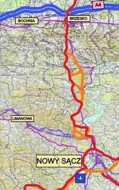 Czerwona linia z Sącza do Brzeska to planowana "sądeczanka", pomarańczowe - alternatywne odcinki, fioletowe - obecne drogi
