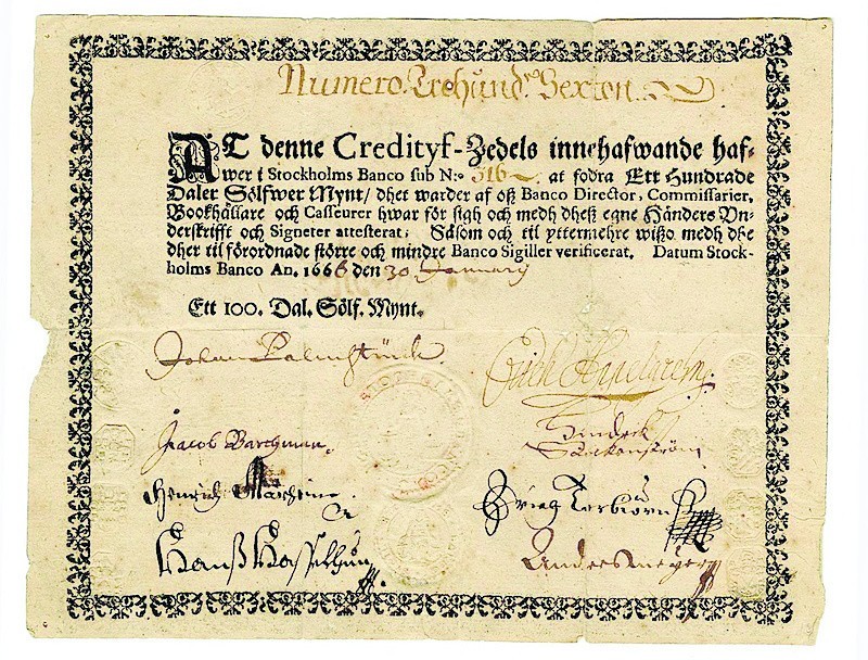 Jeden z pierwszych prawdziwych banknotów świata- szwedzki...