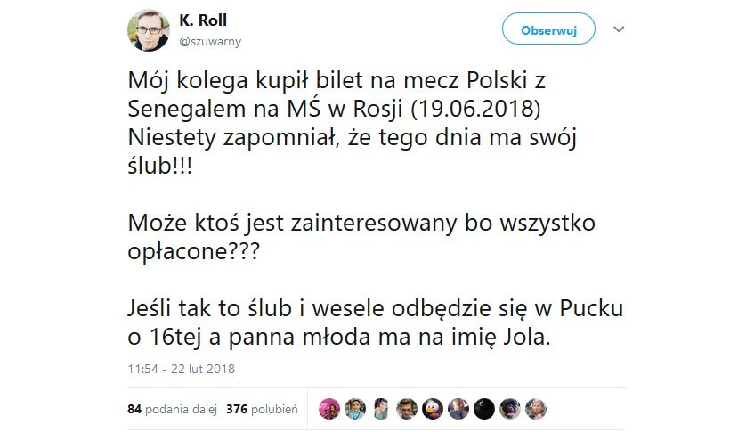 Własny ślub czy mecz Polska - Senegal na MŚ 2019?