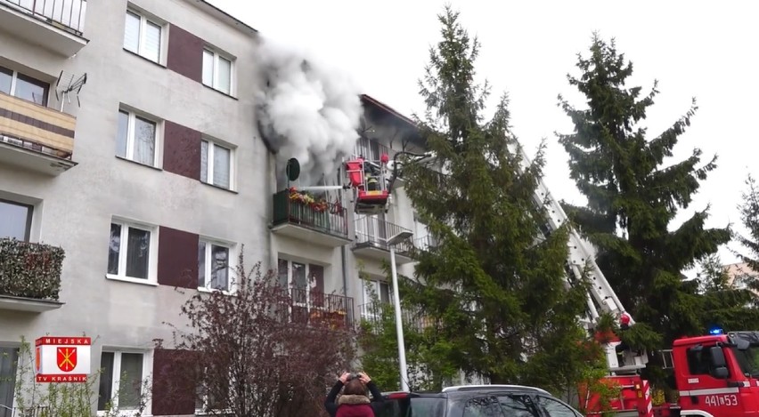 Pożar w bloku w Kraśniku. Cztery osoby trafiły do szpitala, dwa psy nie przeżyły. Zobacz wideo