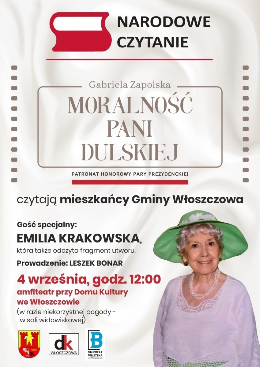 Emilia Krakowska gościem specjalnym Narodowego Czytania 2021 we Włoszczowie w sobotę, 4 września w amfiteatrze Domu Kultury