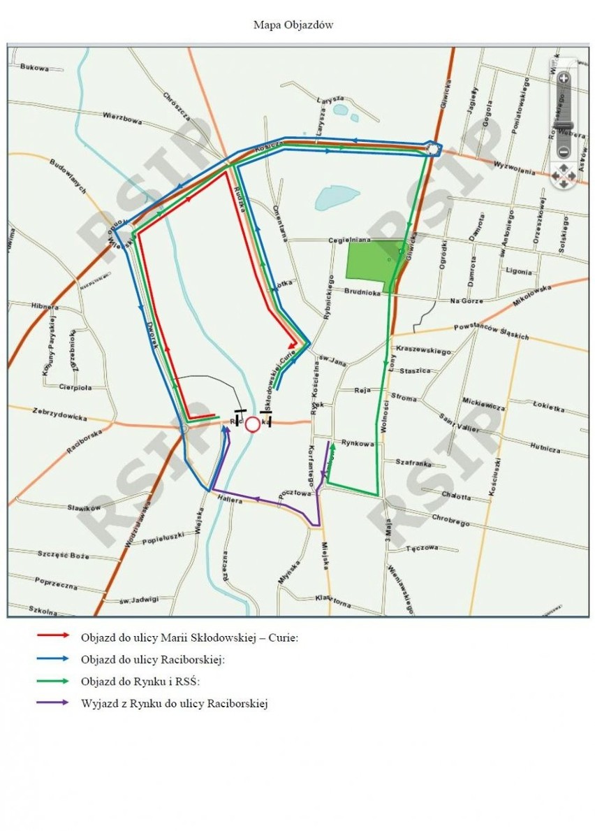 Mapa z objazdami do ulic: Raciborskiej i Marii...