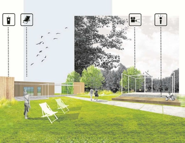 Tak ma wyglądać pawilon i scena w planowanym parku na Zabłociu