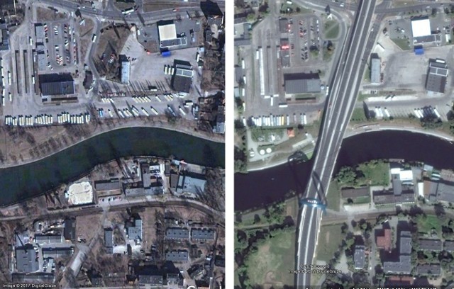 Wiele miejsc w Bydgoszczy na przestrzeni kilkunastu ostatnich lat zmieniło się nie do poznania. Dzięki zdjęciom satelitarnym, które publikuje Google, możemy zobaczyć z dużej wysokości, jak bardzo zmieniło się nasze miasto. Zajrzeliśmy w miejsca największych inwestycji (i nie tylko), które powstały po 2000 roku w Bydgoszczy i porównaliśmy fotografie zrobione z satelity w różnych latach. Zobacz, jak zmieniło się nasze miasto i jego okolice.Na zdjęciu z prawej - Trasa Uniwersytecka (zdjęcie z 2016 r.). Po lewej - fotografia z 2003.Więcej zdjęć na następnych stronach.Zobacz również: Latamy nad Fordonem